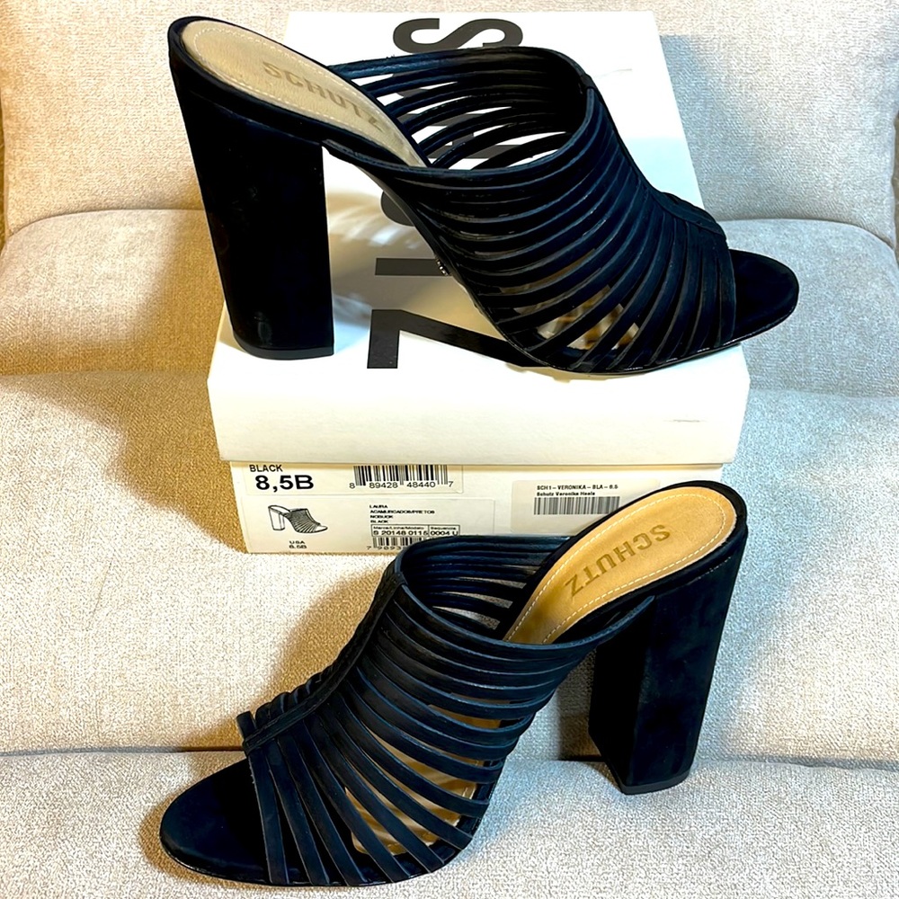 NWT SCHUTZ cage black suede strappy 4” chunky heel strappy Veronika nubuck NIB